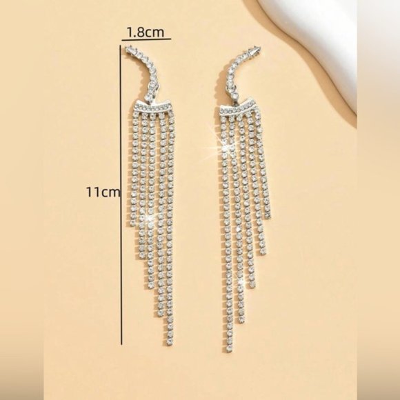 Silver Rhinestone Elegant Tassel Drop Earrings For Wedding Party Gift Women - Picture 4 of 5